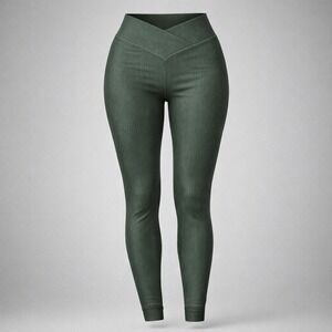 Aerie Ribbed V Crossed Waist Leggings Dark Green Athleisure Workout Yoga Pants